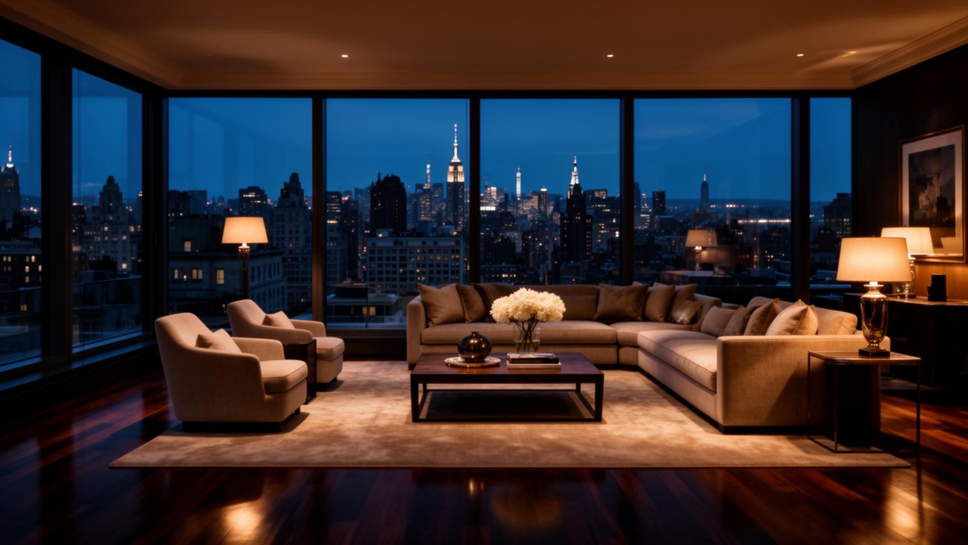 Luxury Manhattan penthouse living room with floor-to-ceiling windows overlooking the city skyline at twilight