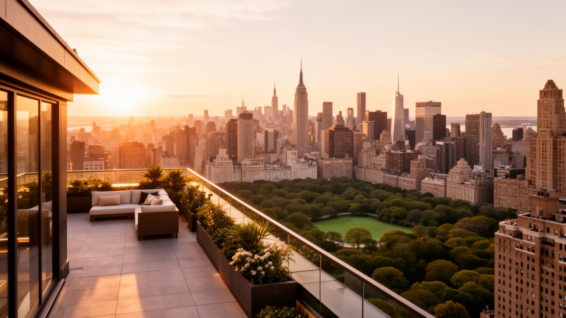 Manhattan skyline at golden hour from a luxury penthouse terrace overlooking Central Park